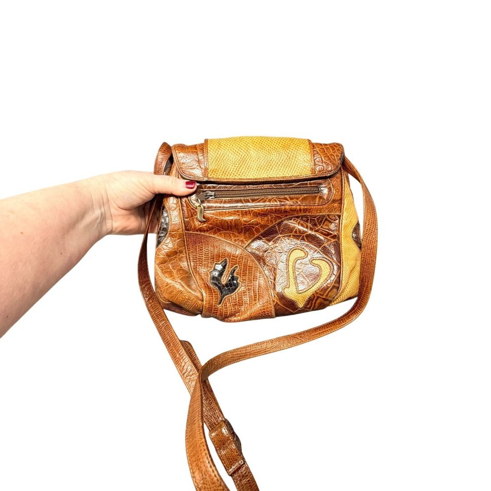Sharif Vintage Leather Crossbody Bag Snakeskin Croc Embossed Brown USA Retro - Picture 14 of 16